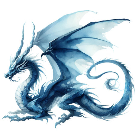Blue dragon isolated on white background. Watercolor illustration of dragon.の素材