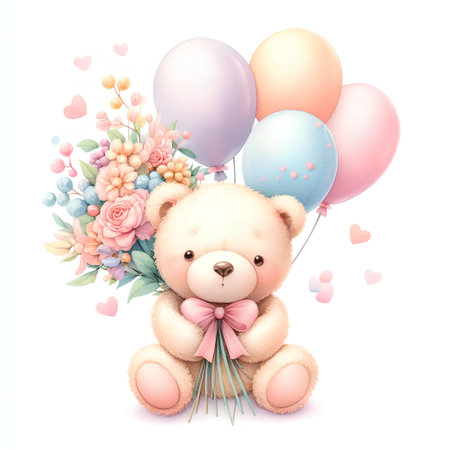 Cute teddy bear with flowers and balloons isolated on white backgroundの素材