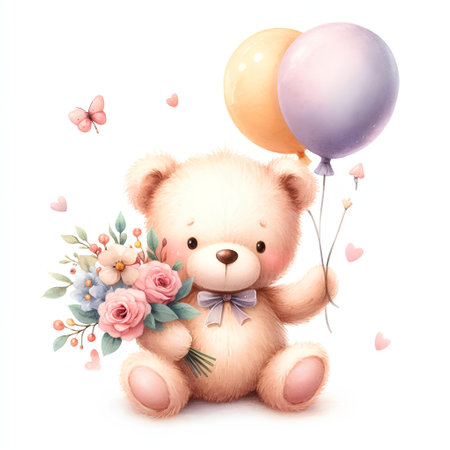 Cute teddy bear with a bouquet of flowers and balloonsの素材
