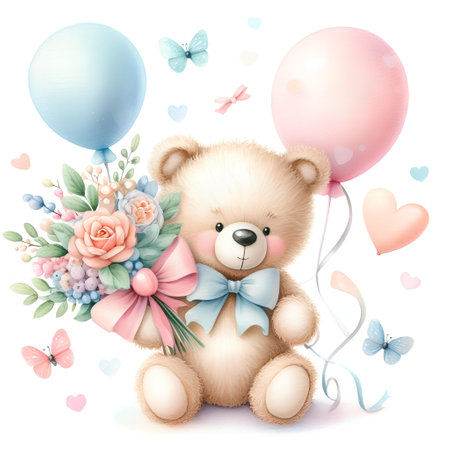 Teddy bear with a bouquet of flowers, balloons and butterfliesの素材