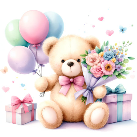 Cute teddy bear with flowers, gift boxes and balloons.の素材
