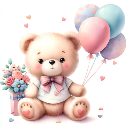 Cute teddy bear with gift box and balloons on white backgroundの素材