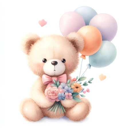 Teddy bear with flowers and balloons isolated on white background. Watercolor illustration.の素材