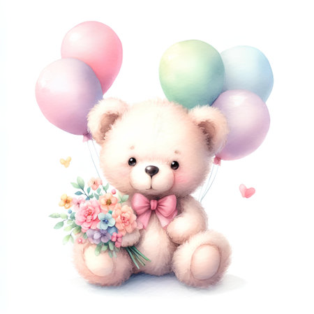 Cute teddy bear with a bouquet of flowers and balloonsの素材