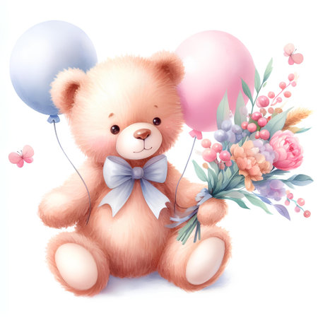 Cute teddy bear with flowers and balloons. Vector illustration.の素材