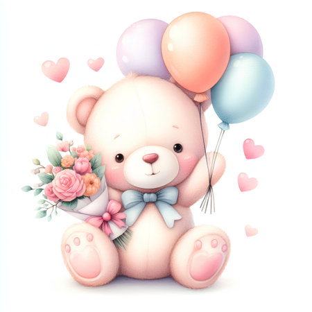 Teddy bear with a bouquet of flowers and balloons on a white background.の素材
