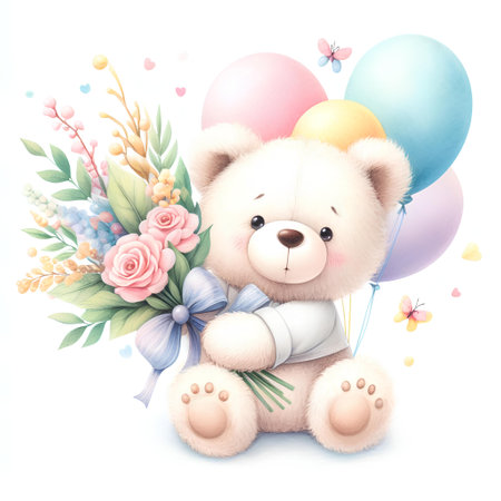 Cute teddy bear with flowers and balloons on white background.の素材