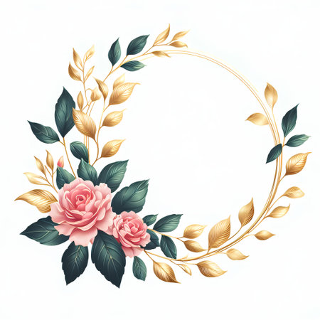Round frame with pink roses and golden leaves on a white background.の素材