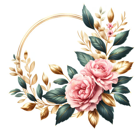 Golden frame with rose flowers, leaves and branches. Vector illustration.の素材