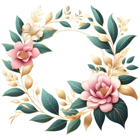 Floral wreath with pink flowers and green leaves. Vector illustration.の素材
