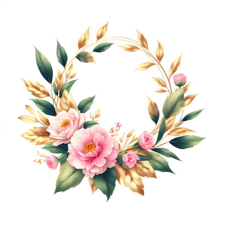 Floral wreath with pink peonies and golden leaves. Vector illustration.の素材