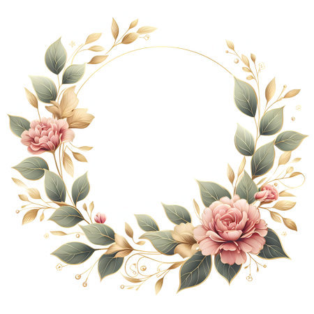 Floral wreath with pink roses and green leaves. Vector illustration.の素材