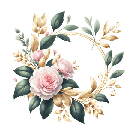 Vintage floral wreath with rose flowers and leaves. Vector illustration.の素材