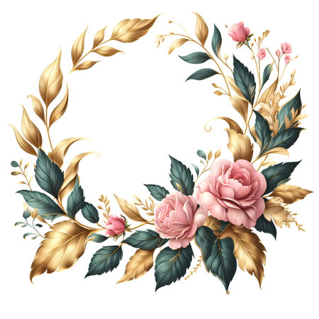 Beautiful vector floral wreath with pink roses and golden leaves.の素材