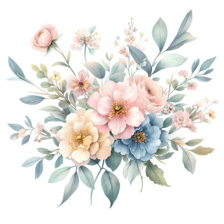 Beautiful vector watercolor floral composition with peony flowers, leaves and branches.の素材