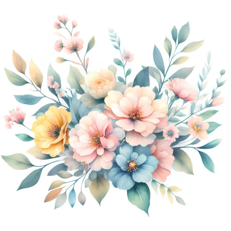 Watercolor floral bouquet with pink and blue flowers. Vector illustration.の素材
