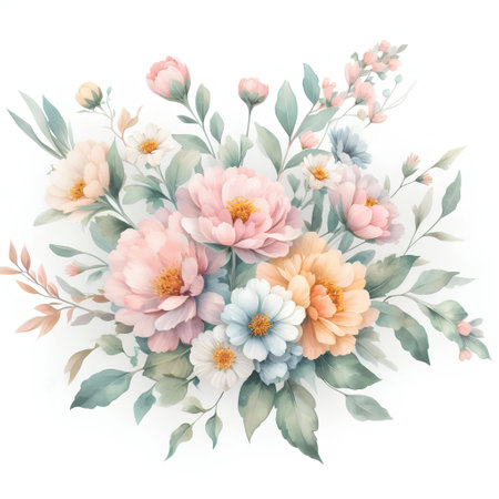 Beautiful watercolor bouquet with peony flowers. Vector illustration.の素材