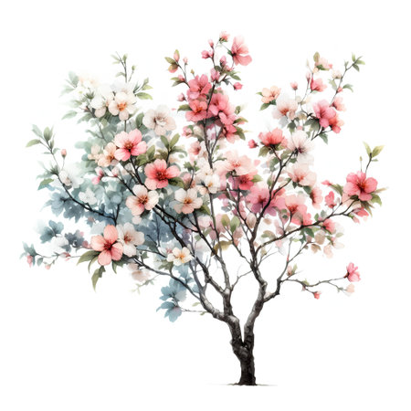 Watercolor cherry blossom tree isolated on white background. Spring flowers.の素材