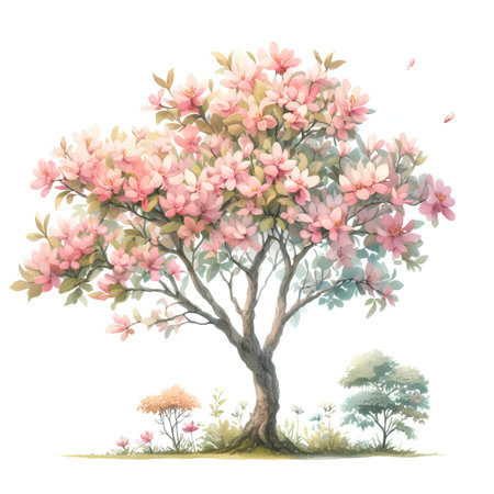 Watercolor sakura tree isolated on white background. Hand drawn illustrationの素材