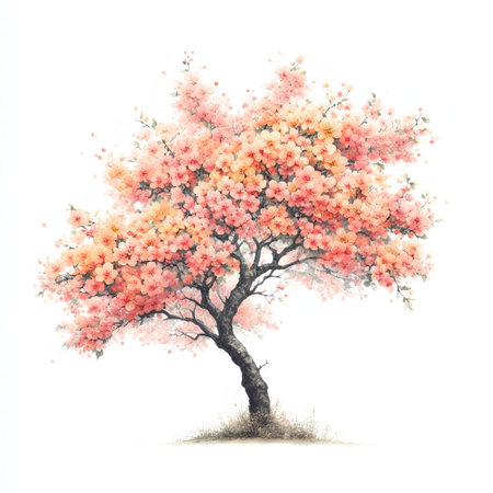 Watercolor illustration of cherry blossom tree isolated on white background.の素材