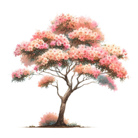 Watercolor tree with pink flowers on white background. Vector illustration.の素材