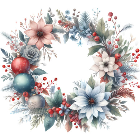 Christmas wreath with poinsettia, holly, berries, mistletoe, snowflakes, pine cones. Watercolor illustration.の素材