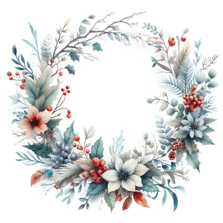 Watercolor christmas wreath with winter flowers, berries and leaves.の素材