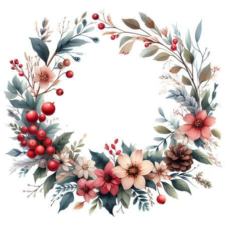Watercolor floral wreath with autumn flowers and berries. Vector illustration.の素材