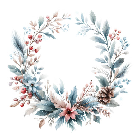 Watercolor christmas wreath. Hand painted illustration isolated on white backgroundの素材