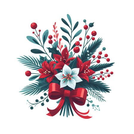 Christmas bouquet with poinsettia and holly berries. Vector illustration.の素材