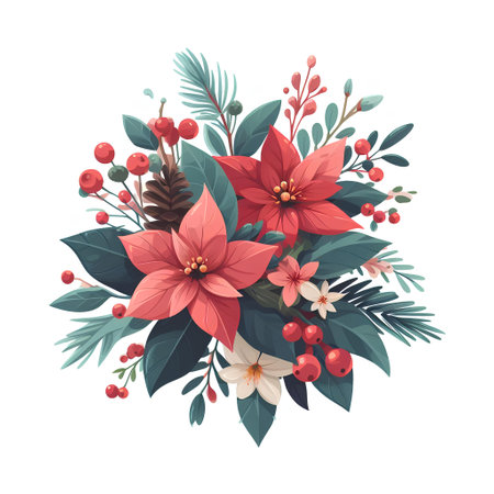 Christmas bouquet with poinsettia, holly and berries. Vector illustrationの素材