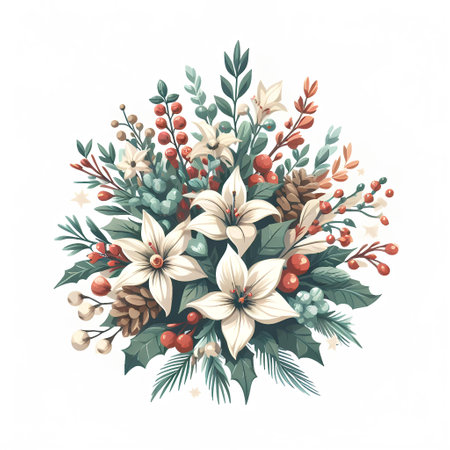 Christmas bouquet with holly, mistletoe and pine cones. Vector illustration.の素材
