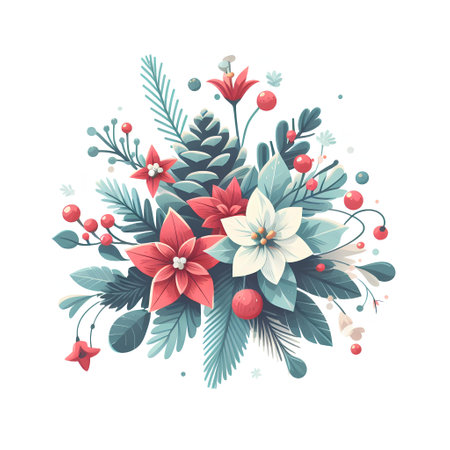 Christmas bouquet with poinsettia and holly. Vector illustrationの素材