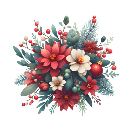 Christmas floral bouquet with poinsettia, holly berry, eucalyptus, fir branches and red berries. Vector illustration.の素材