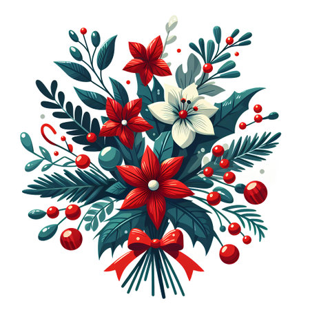 Christmas bouquet with poinsettia, holly berry, mistletoe and bow. Vector illustration.の素材