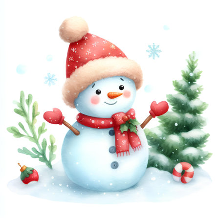 Watercolor snowman with christmas tree and candy cane on white backgroundの素材