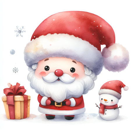 santa claus and snowman on white background, watercolor illustrationの素材