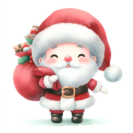 santa claus with christmas bag and gifts on white backgroundの素材