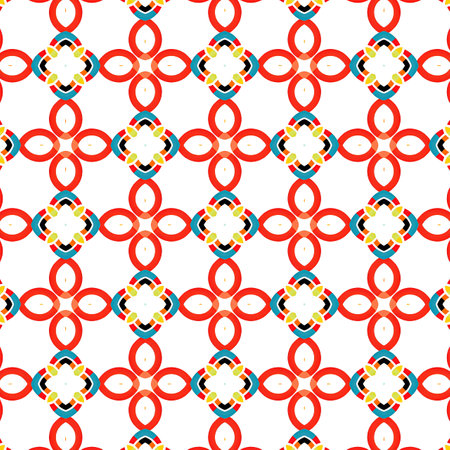 Seamless illustrated pattern made of abstract elements in red, orange and blackの写真素材
