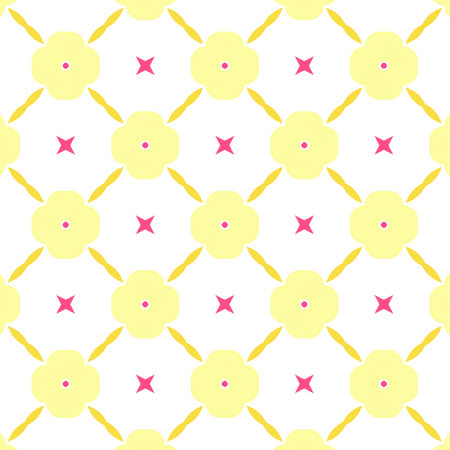 Seamless geometric pattern with yellow flowers on a white background.の写真素材
