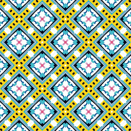 Seamless geometric African pattern. Ethnic ornament on the carpet. Aztec style. Geometric mosaic on the tile, majolica. Ancient interior. Modern rug. Geo print on textile.の写真素材