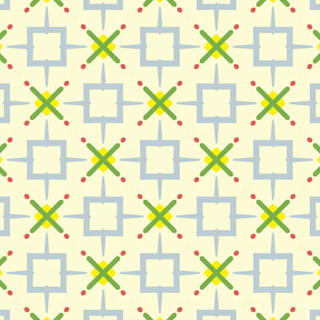 Seamless illustrated pattern made of abstract elements in beige, green and yellowの写真素材