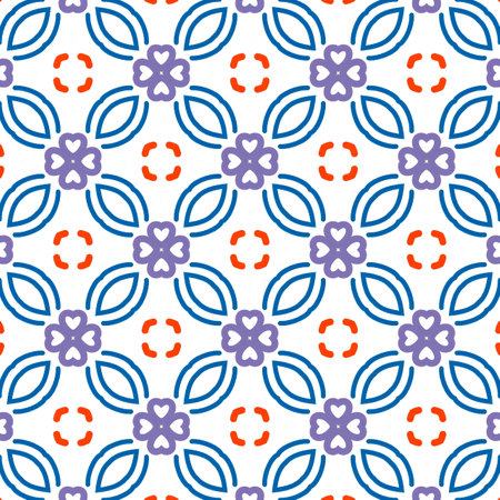 Seamless pattern with abstract blue and orange flowers on a white backgroundの写真素材