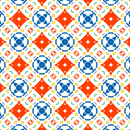Seamless pattern with decorative geometric ornament. Blue, yellow and white colors.の写真素材