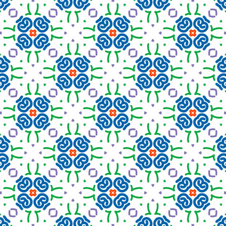 Talavera pattern.  Azulejos portugal. Turkish ornament. Moroccan tile mosaic. Spanish porcelain. Ceramic tableware, folk print. Spanish pottery. Ethnic background. Mediterranean seamless  wallpaper.の写真素材