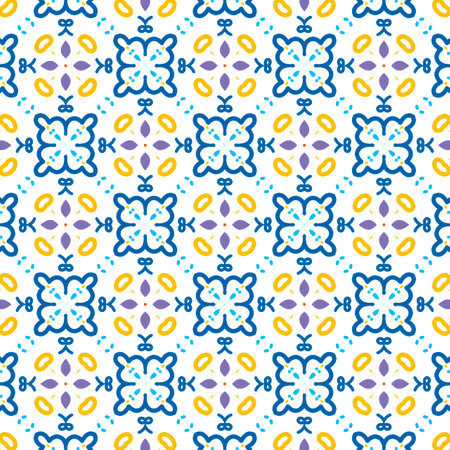 Talavera pattern. Azulejos portugal. Turkish ornament. Moroccan tile mosaic. Spanish porcelain. Ceramic tableware, folk print. Spanish pottery. Ethnic background. Mediterranean seamless  wallpaper.の写真素材