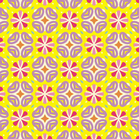 Seamless pattern with colorful abstract flowers on a yellow background.の写真素材