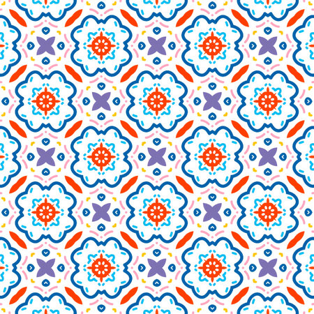 Talavera pattern.  Azulejos portugal. Turkish ornament. Spanish porcelain. Ceramic tableware, folk print. Spanish pottery. Ethnic background. Mediterranean seamless  wallpaper.の写真素材