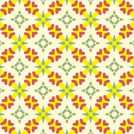 Seamless illustrated pattern made of abstract elements in beige, yellow and redの写真素材