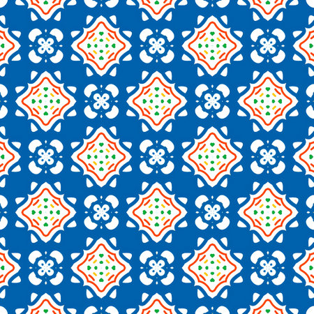 Talavera pattern.  Azulejos portugal. Turkish ornament. Moroccan tile mosaic. Spanish porcelain. Ceramic tableware, folk print. Spanish pottery. Ethnic background.の写真素材